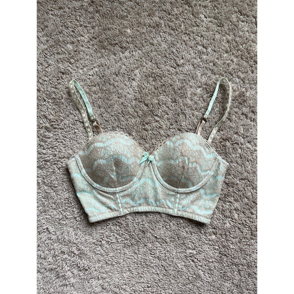 E by Eloise Anthropologie Lace Bustier Longline Bra in Mint/Beige Size 34B